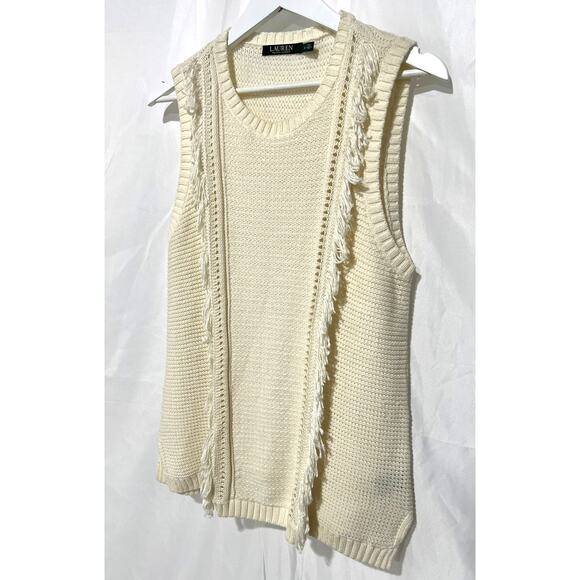 LRL RALPH LAUREN Fringe Sleeveless Tank Top Knit Sweater Pullover Cream XLarge - Picture 12 of 14
